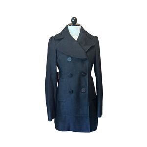 Guess Black Wool Blend Double Breasted Pea Coat Leopard Lining Collared Sz‎